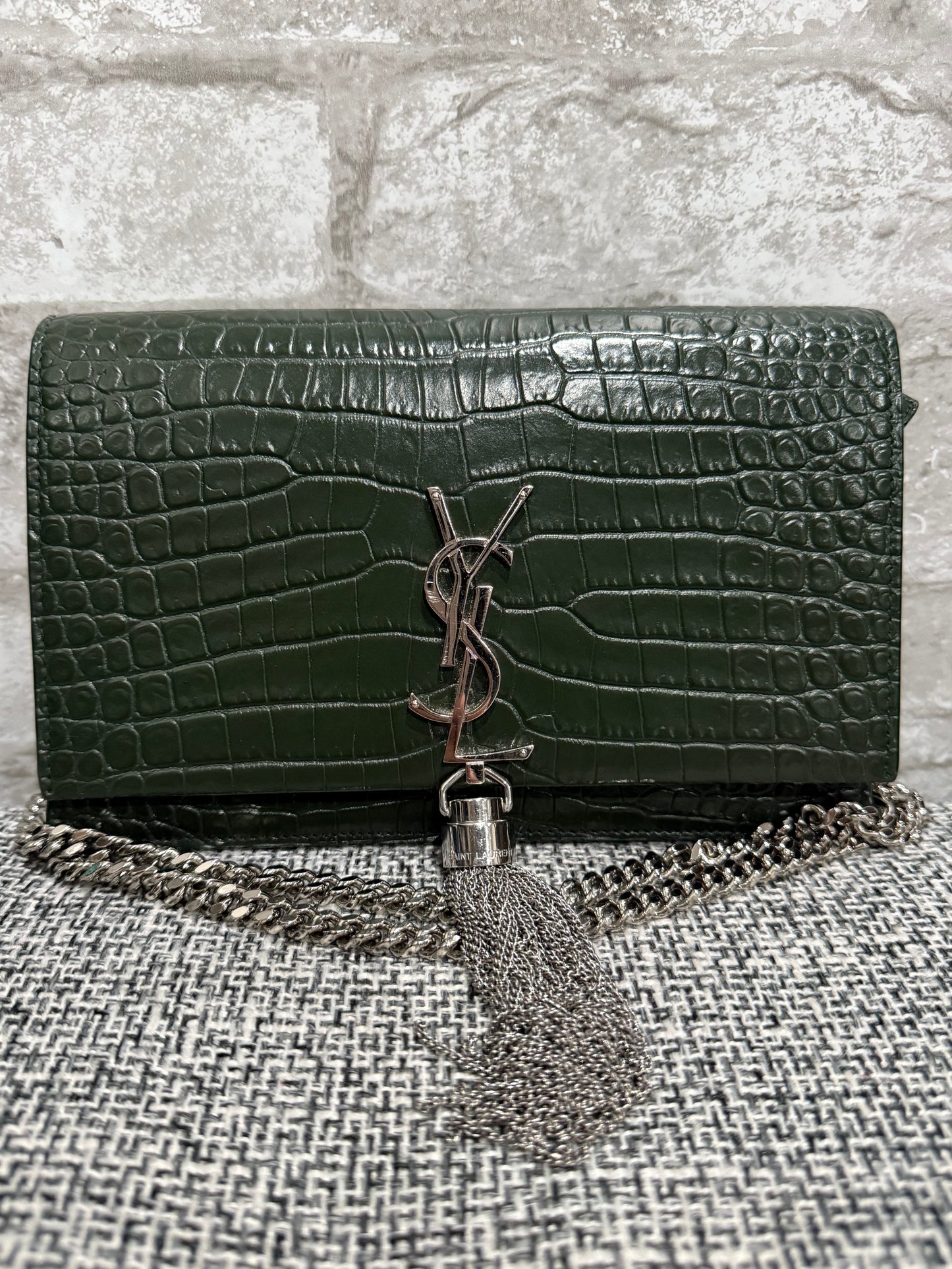 Classic Monogram Tassel Crossbody Bag Crocodile Embossed Leather