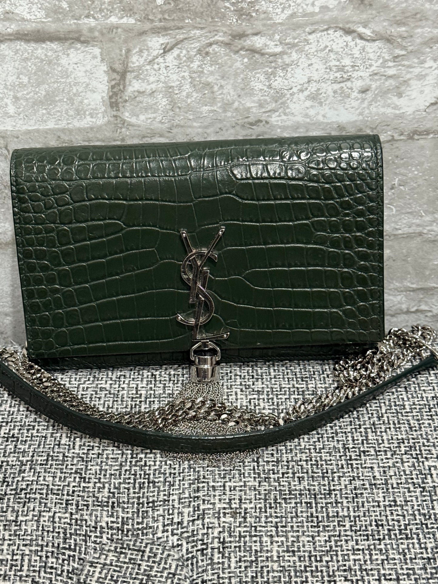 Classic Monogram Tassel Crossbody Bag Crocodile Embossed Leather