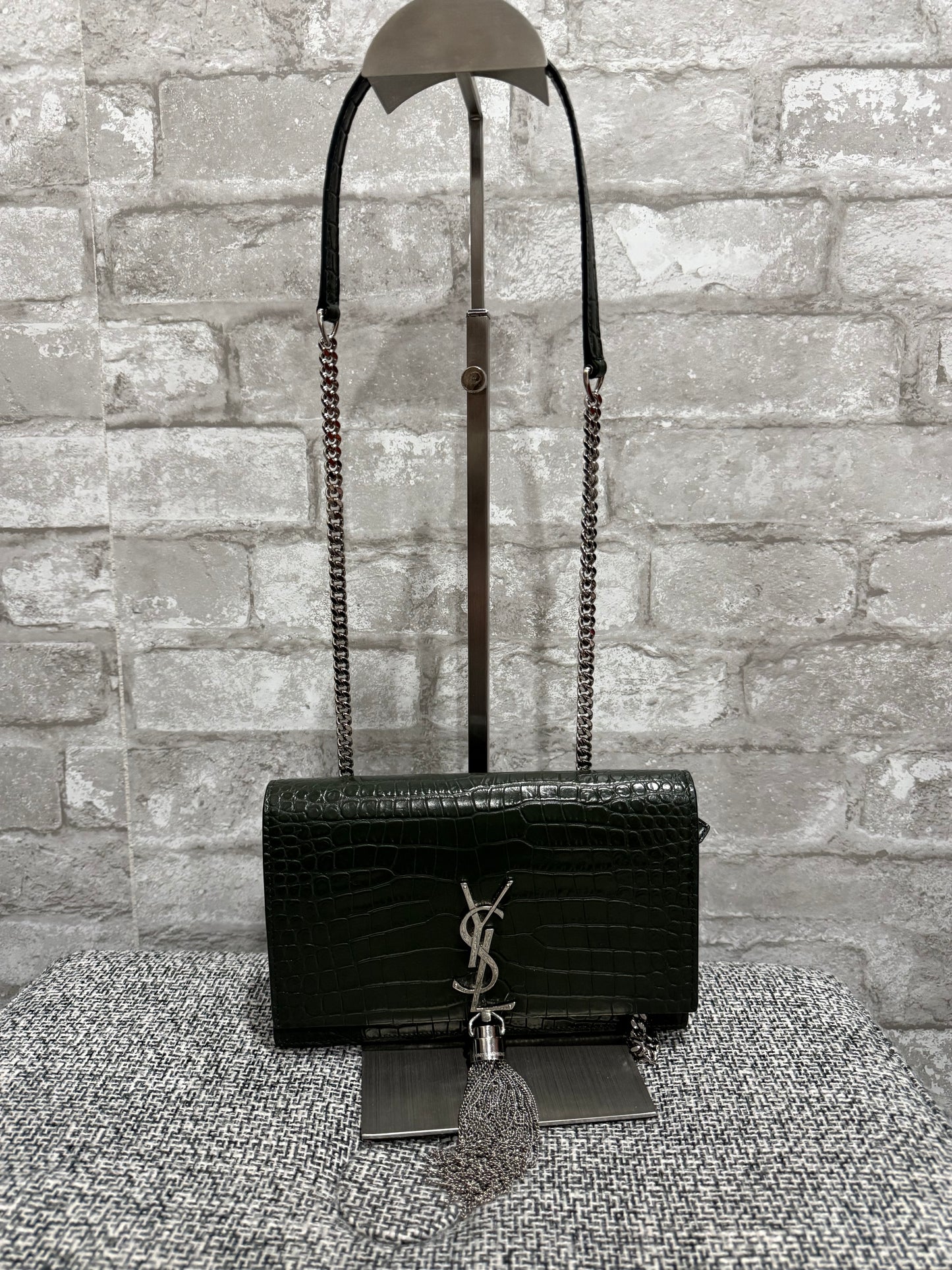 Classic Monogram Tassel Crossbody Bag Crocodile Embossed Leather