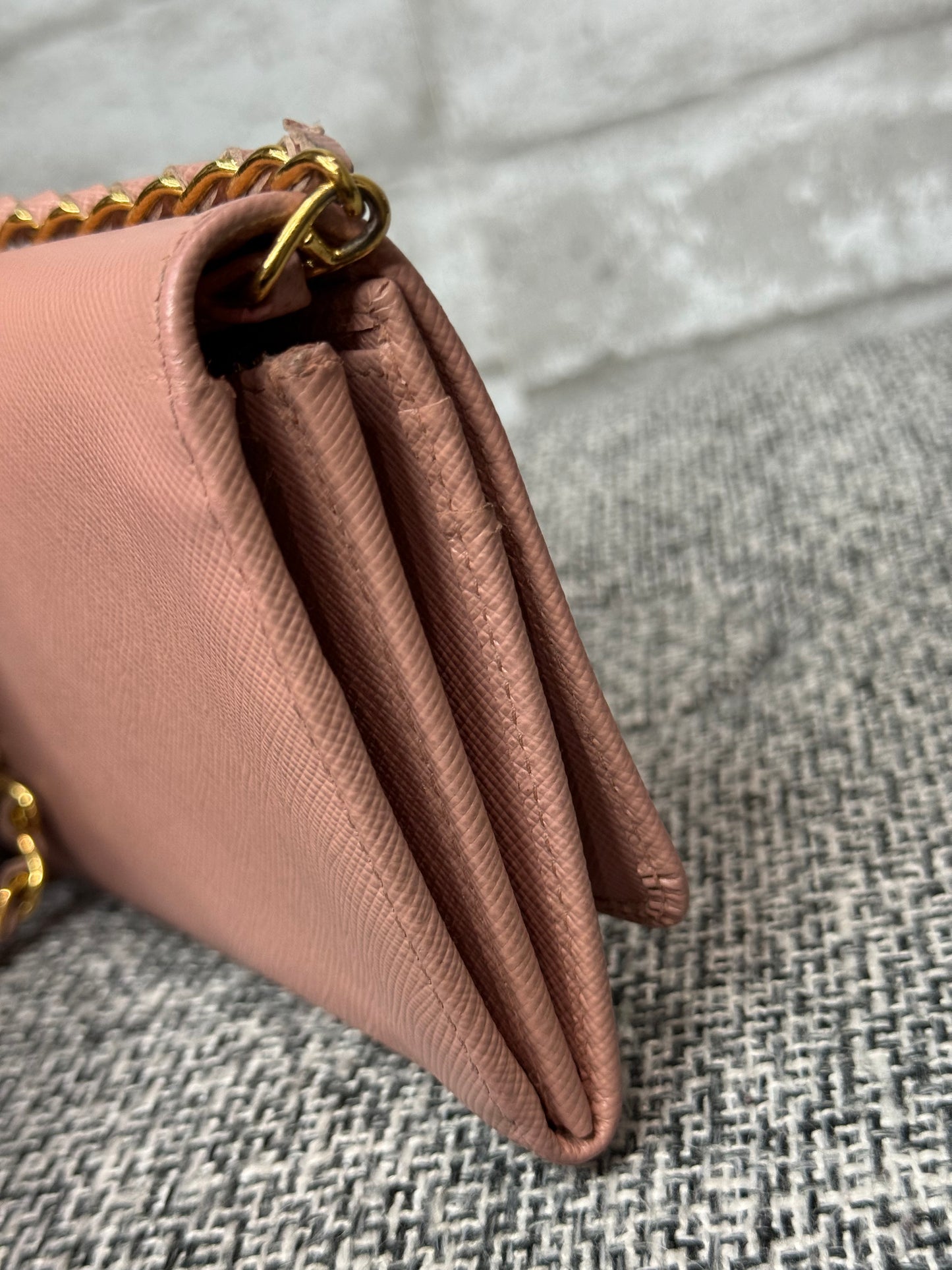 Prada Saffiano Leather Wallet on Chain (WOC) in Light Pink