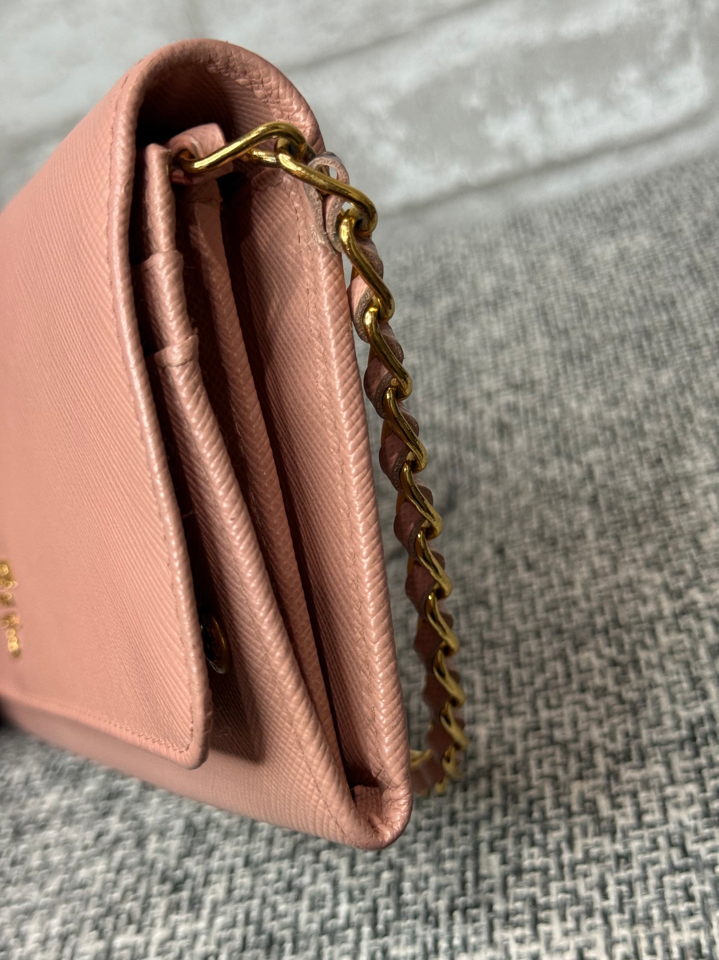 Prada Saffiano Leather Wallet on Chain (WOC) in Light Pink