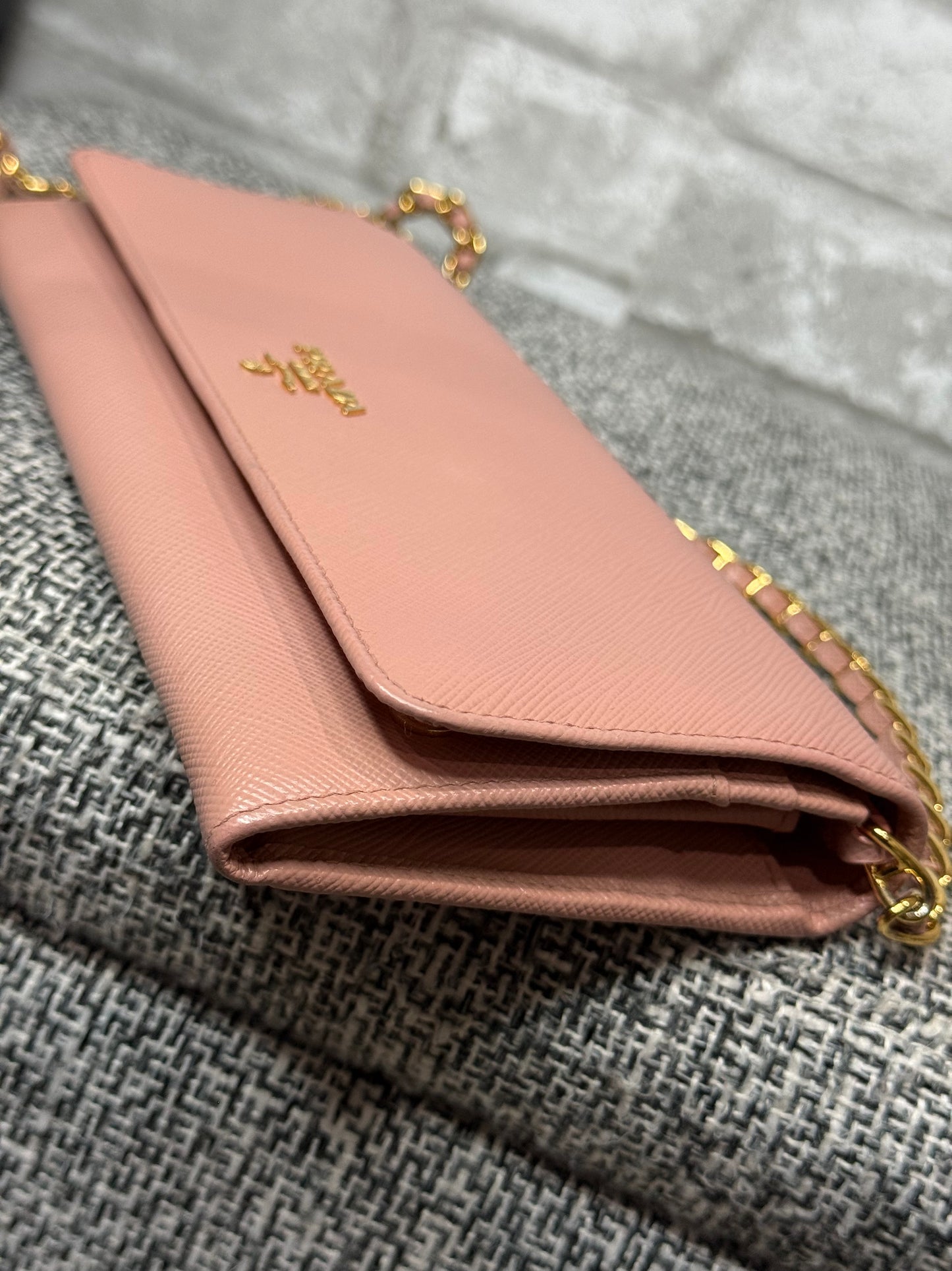 Prada Saffiano Leather Wallet on Chain (WOC) in Light Pink