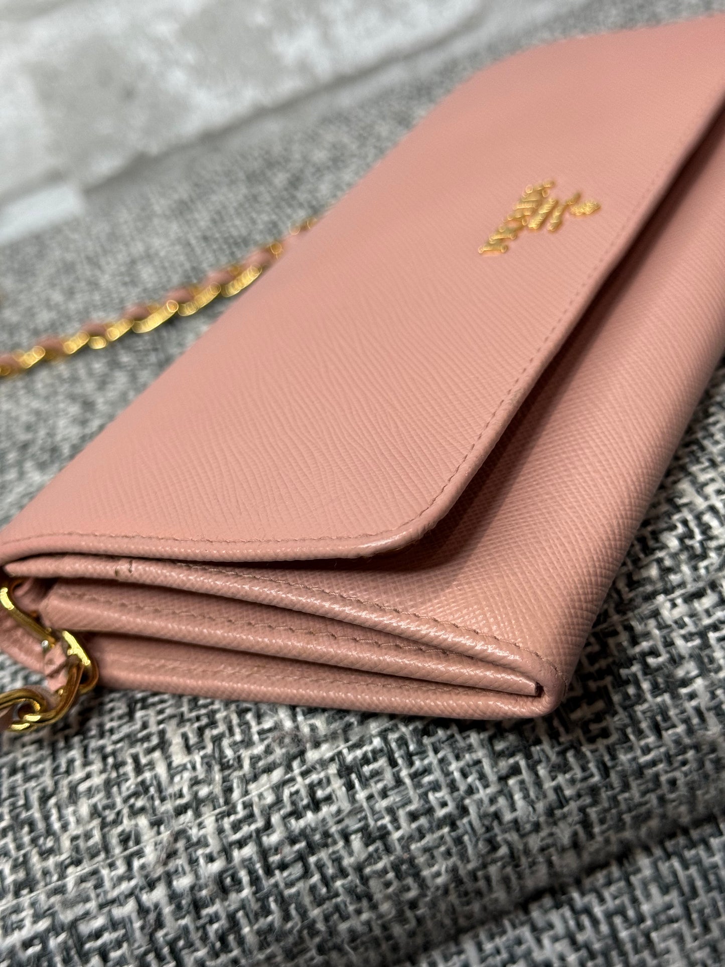 Prada Saffiano Leather Wallet on Chain (WOC) in Light Pink
