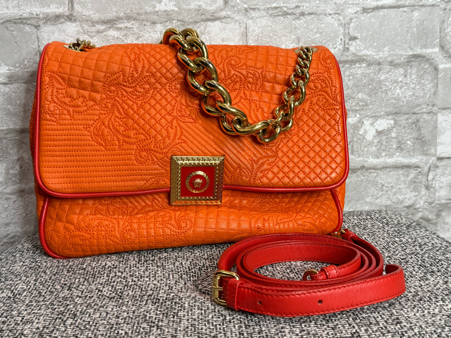 👜 🍊 Versace Orange Micro Vanitas Quilted Leather Shoulder Bag 🍊 👜