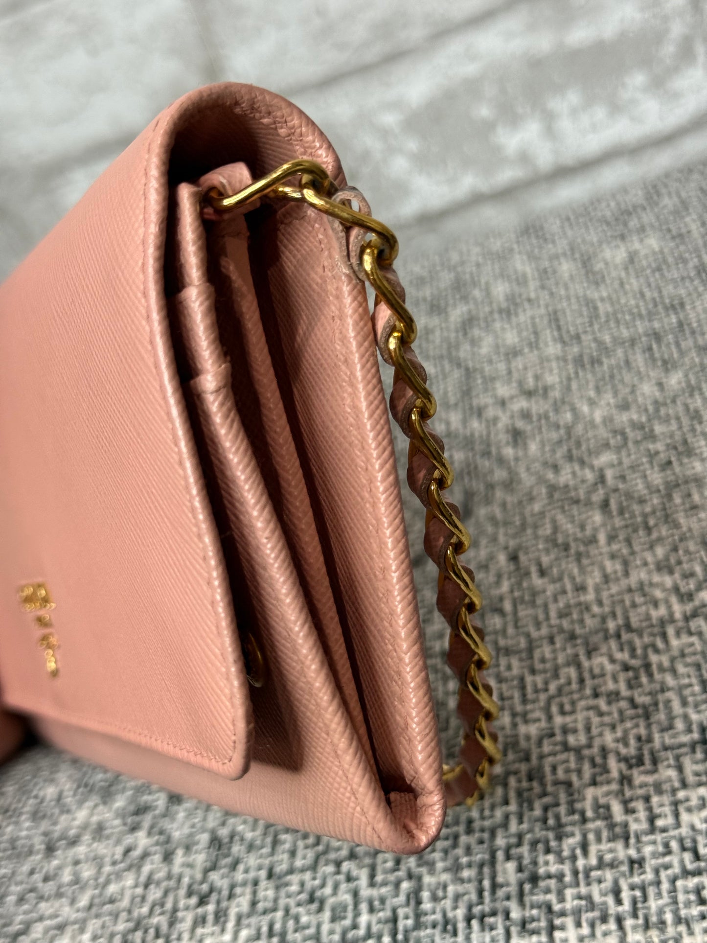 Prada Saffiano Leather Wallet on Chain (WOC) in Light Pink