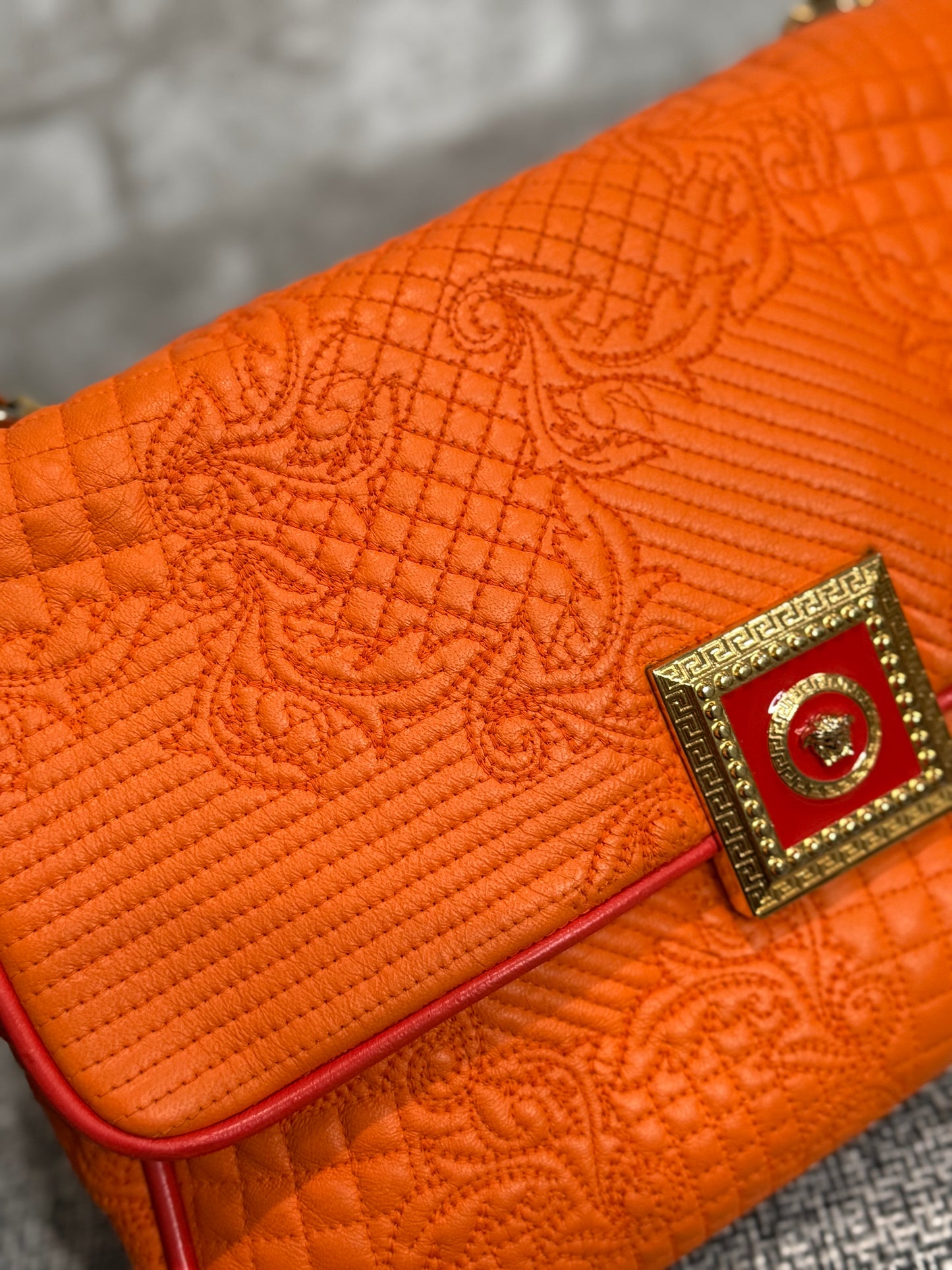 👜 🍊 Versace Orange Micro Vanitas Quilted Leather Shoulder Bag 🍊 👜