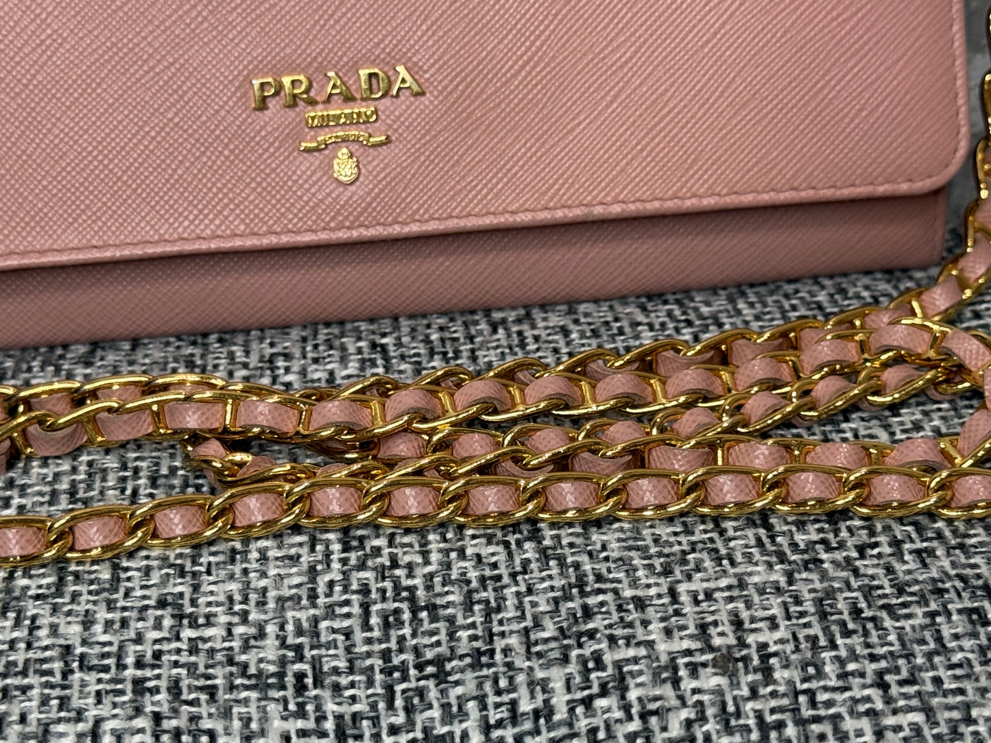 Prada Saffiano Leather Wallet on Chain (WOC) in Light Pink