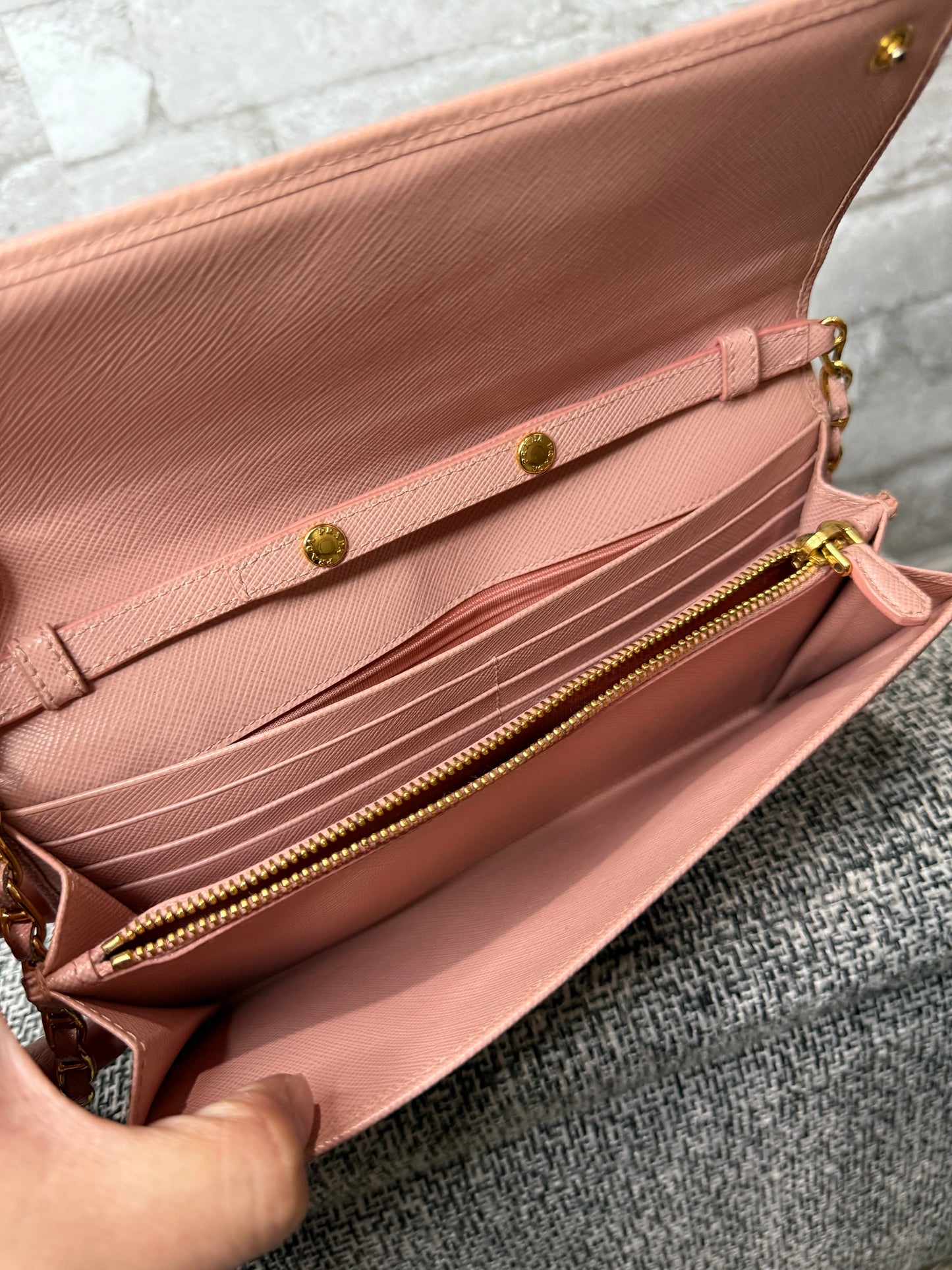 Prada Saffiano Leather Wallet on Chain (WOC) in Light Pink
