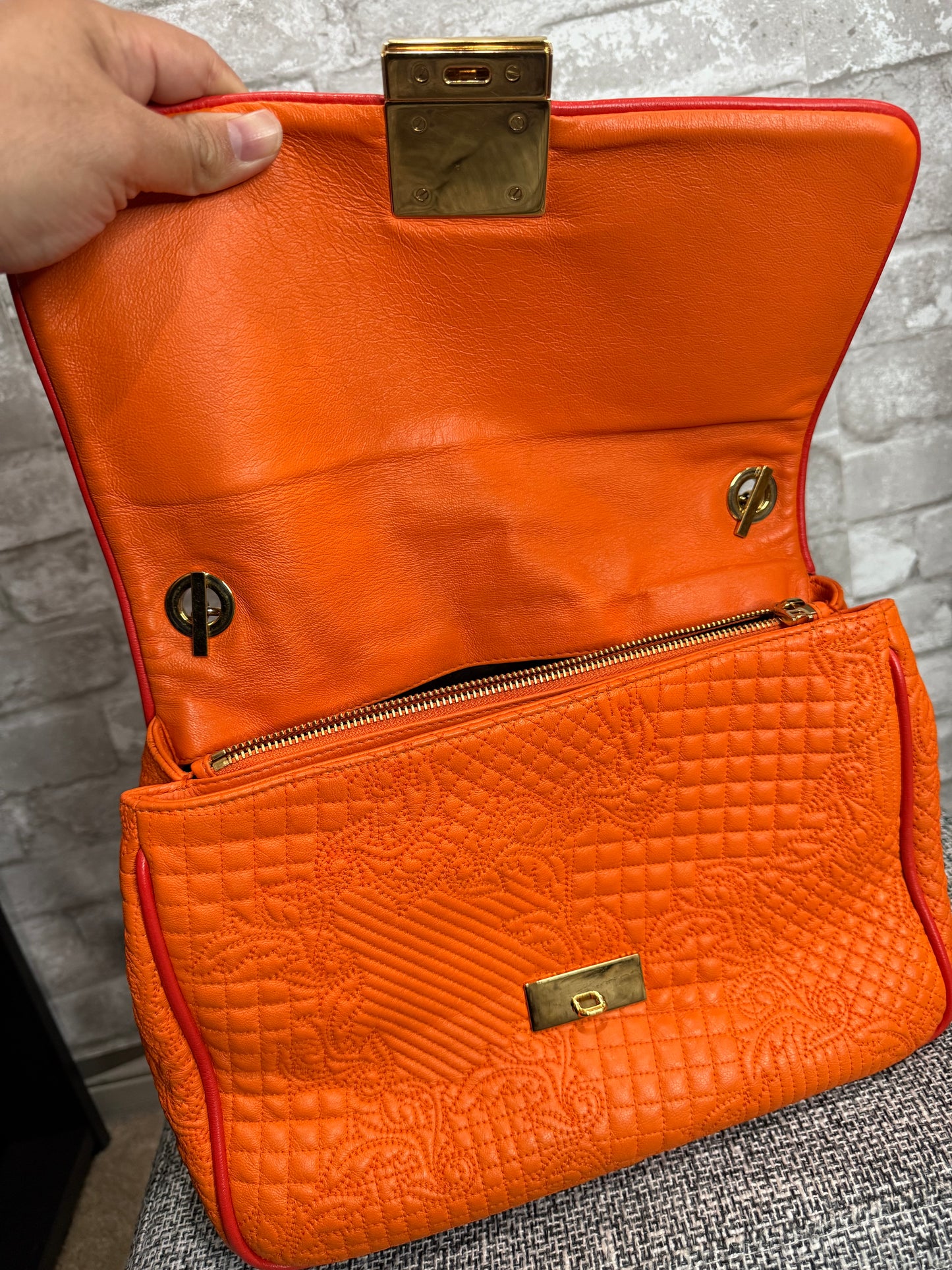 👜 🍊 Versace Orange Micro Vanitas Quilted Leather Shoulder Bag 🍊 👜