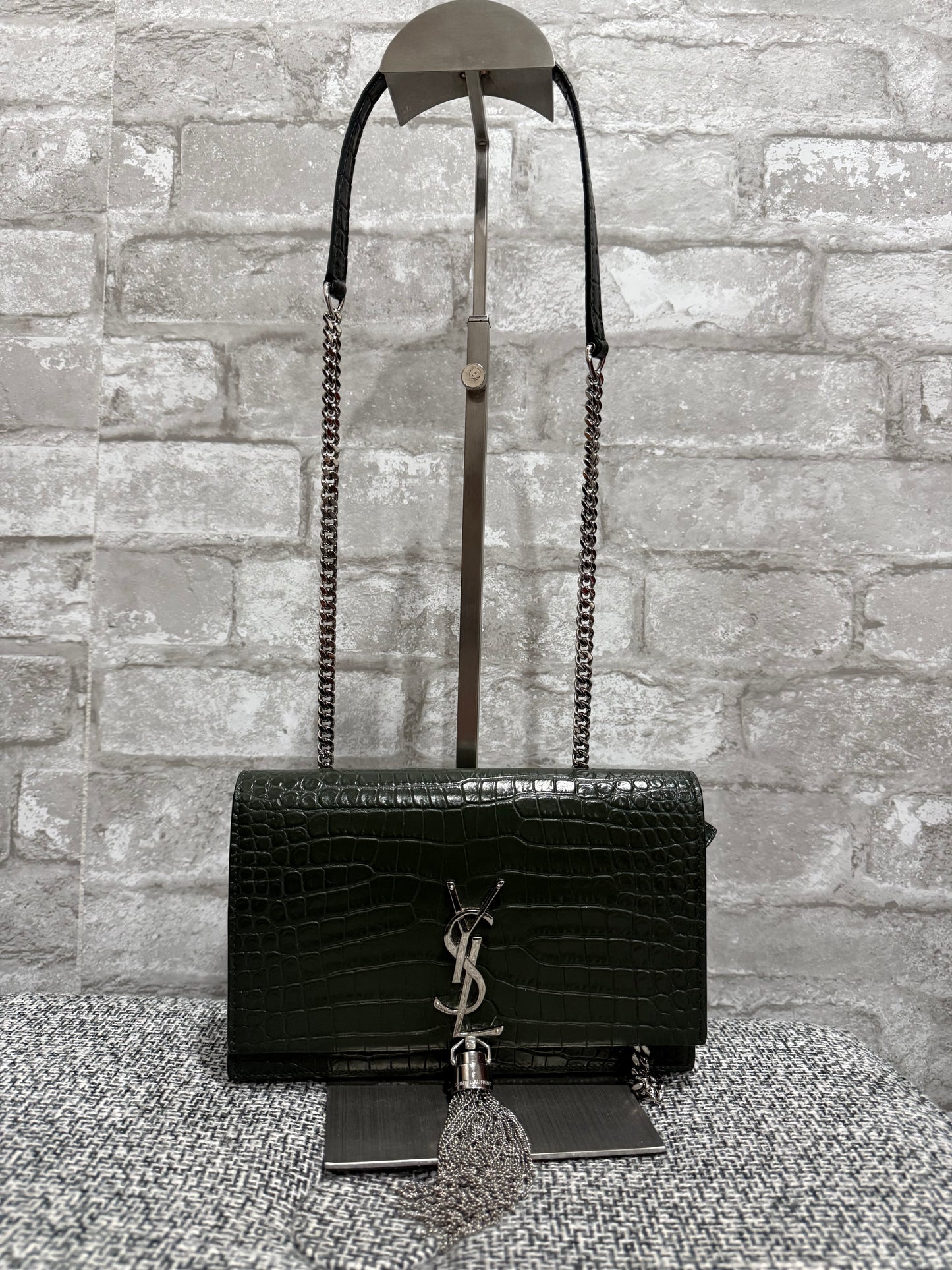 Classic Monogram Tassel Crossbody Bag Crocodile Embossed Leather