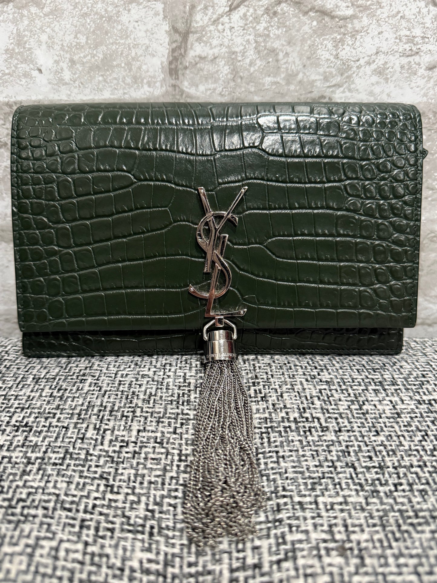 Classic Monogram Tassel Crossbody Bag Crocodile Embossed Leather
