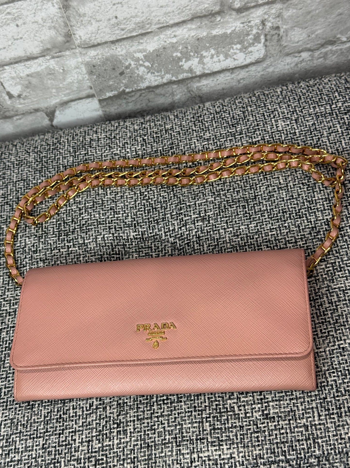 Prada Saffiano Leather Wallet on Chain (WOC) in Light Pink